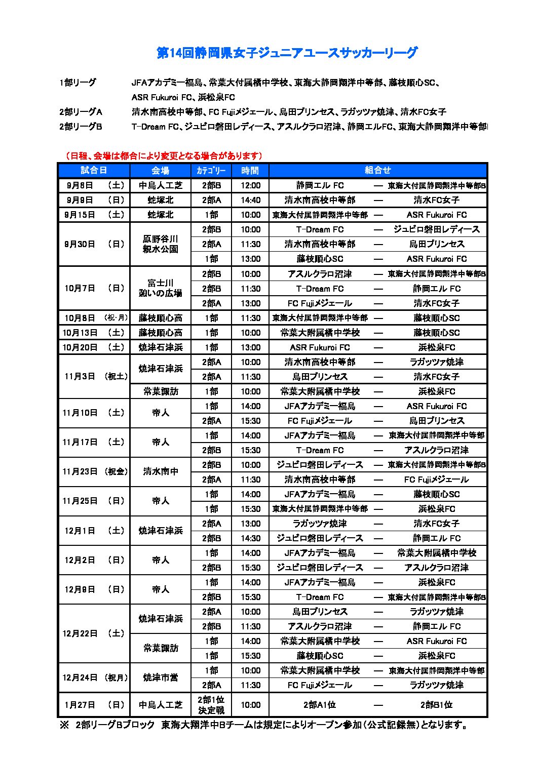 第14回静岡県女子ジュニアユースサッカーリーグ 一般財団法人 静岡県サッカー協会